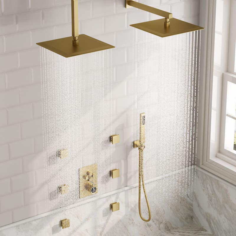 GRANDJOY Thermostatic Shower System Rainfall Dual Shower Heads 12 inch Ceiling and Wall Mount Body Jets Handheld Spray Combo
