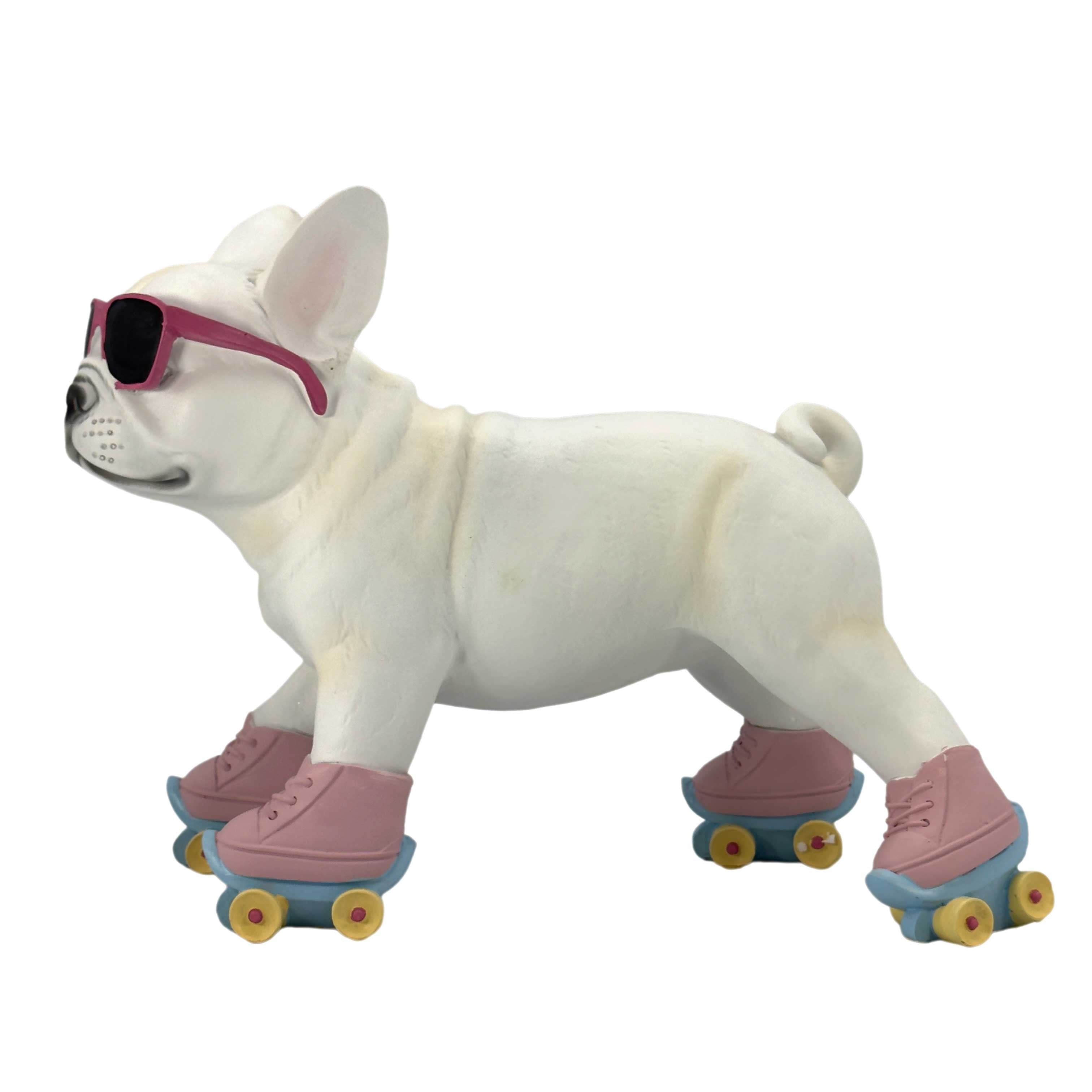 White Rollerskate French Bulldog Garden Statue 18" L