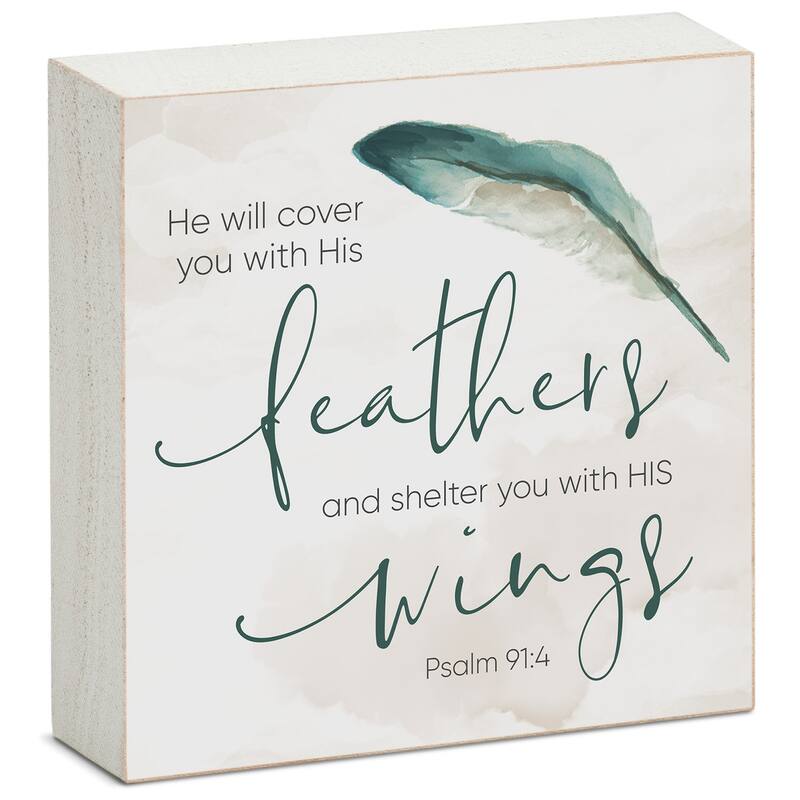 Wood Block Décor Message Cover with Feathers Sign, 3.75 inches Square, Made in The USA - Multi-39