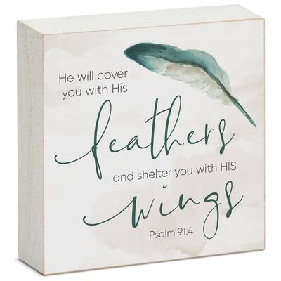 Wood Block Décor Message Cover with Feathers Sign, 3.75 inches Square, Made in The USA - Multi-39