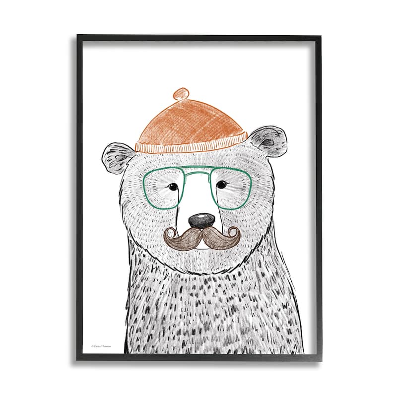 Stupell Children's Forest Bear Illustration Hipster Beanie Mustache Glasses Framed Wall Art - Grey - 24 x 30 - Black