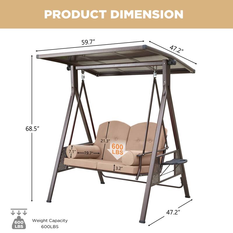 Outdoor 3-Seat Porch Swing with Adjustable Canopy & Cup Holder,Porch Swing Glider Chair, Heavy-Duty Steel Frame