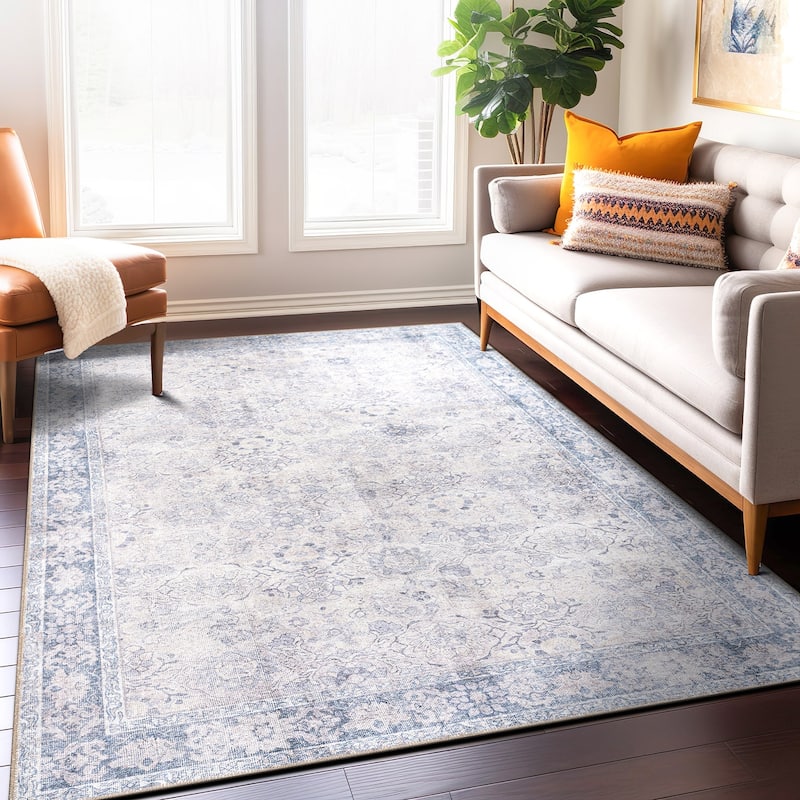 World Rug Gallery Transitional Bordered Vintage Machine Washable Non Slip Area Rug - 7' 7" x 9' 6" - Blue - Rectangle