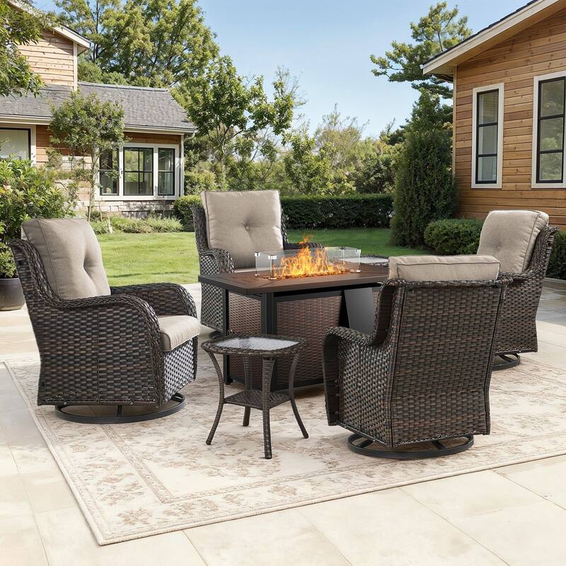Gymojoy 7-Piece Outdoor Wicker Set with 4 Swivel Rockers & 55,000 BTU Fire Pit Table for Patio