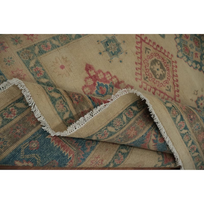 Hand Knotted Oriental 100% Wool Carpet Traditional Geometric Beige & Ivories Kazak Area Rug - 9' 10'' X 8' 0''