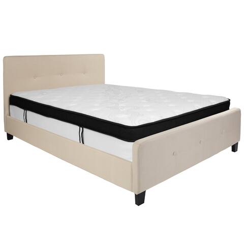 Set of 2 Beige and White Queen Size Tufted Platform Bed and Memory Foam Mattress Set 81