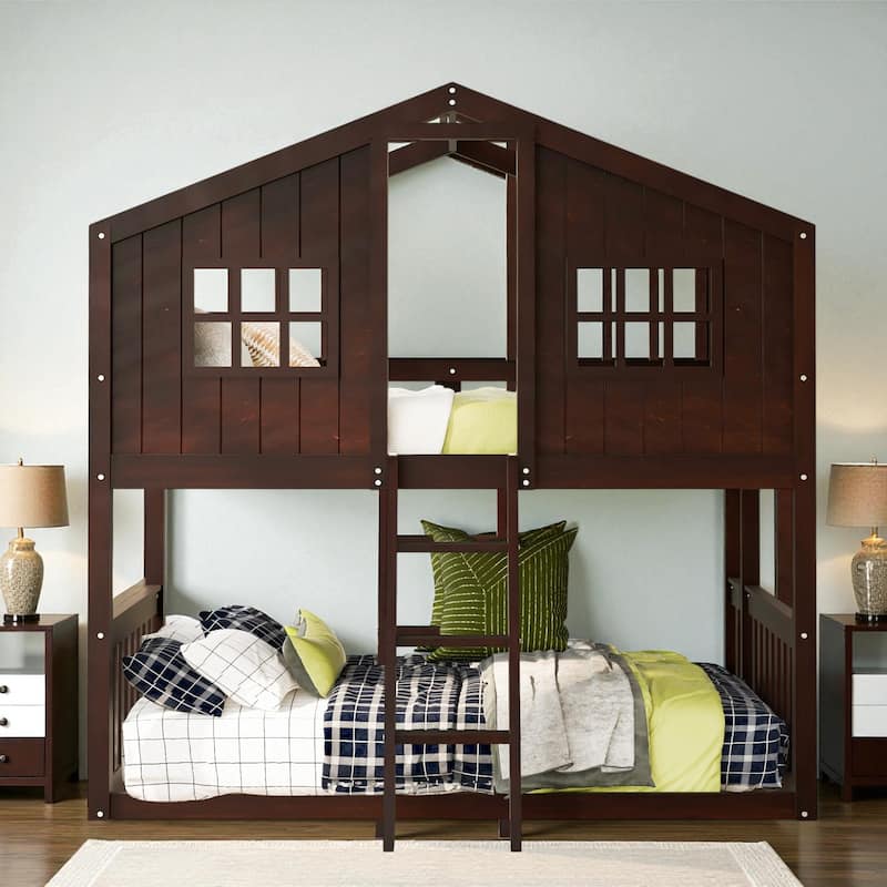 Twin Over Twin House Bunk Bed with Roof and Ladder, Solid Wood Frame, Playhouse Style Kids Bed, No Box Spring Needed