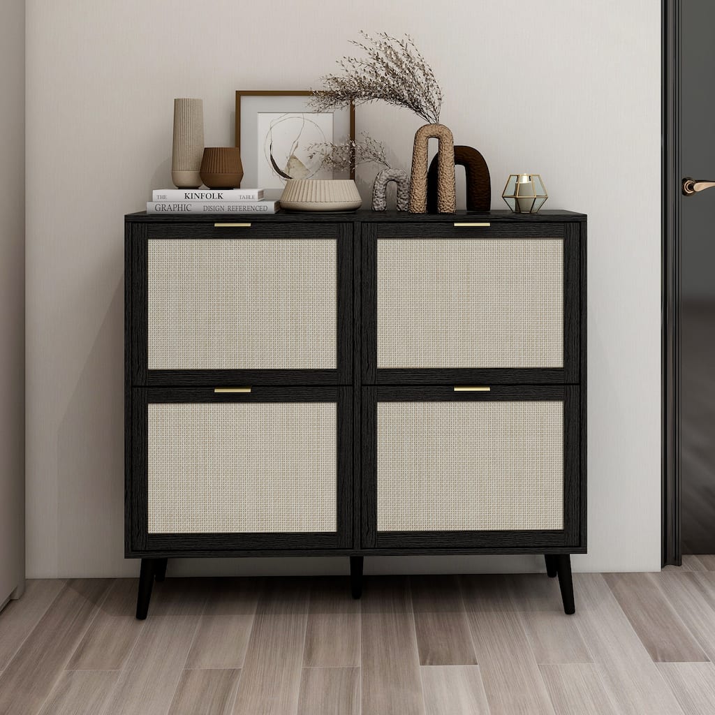 Modern Natural Rattan Shoe Rack Storage Cabinet for Entryway