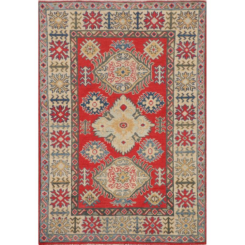 Kazak Accent Rug Handmade Traditional Red Wool Carpet - 3'2" x 4'11"