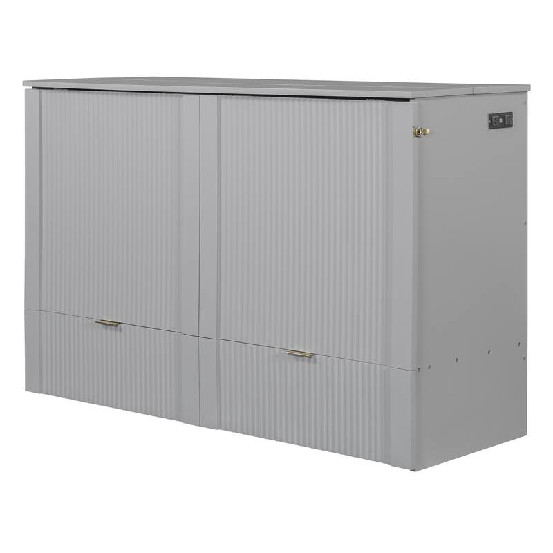 Queen Size Wall Bed with Drawer, USB Ports & Smooth Pulley Mechanism, Space-Saving Gray Cabinet Bed