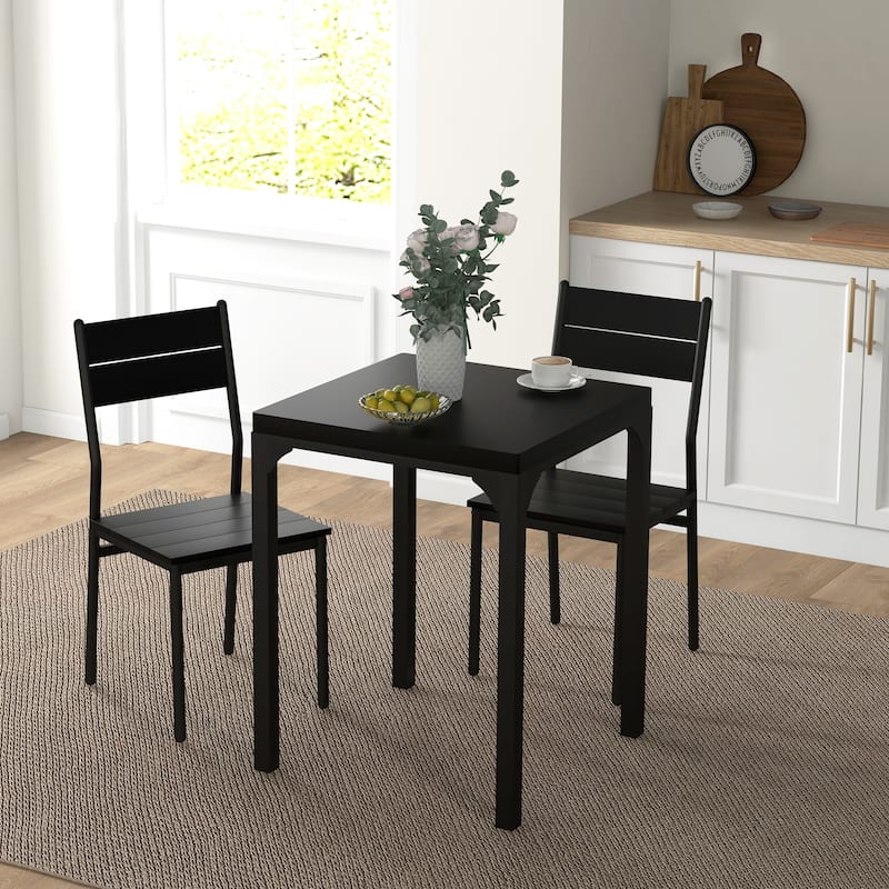 3-Piece Black Bar Table Set Included 2 Slatted Chairs with Steel Frame for Kitchen or Breakfast Nook