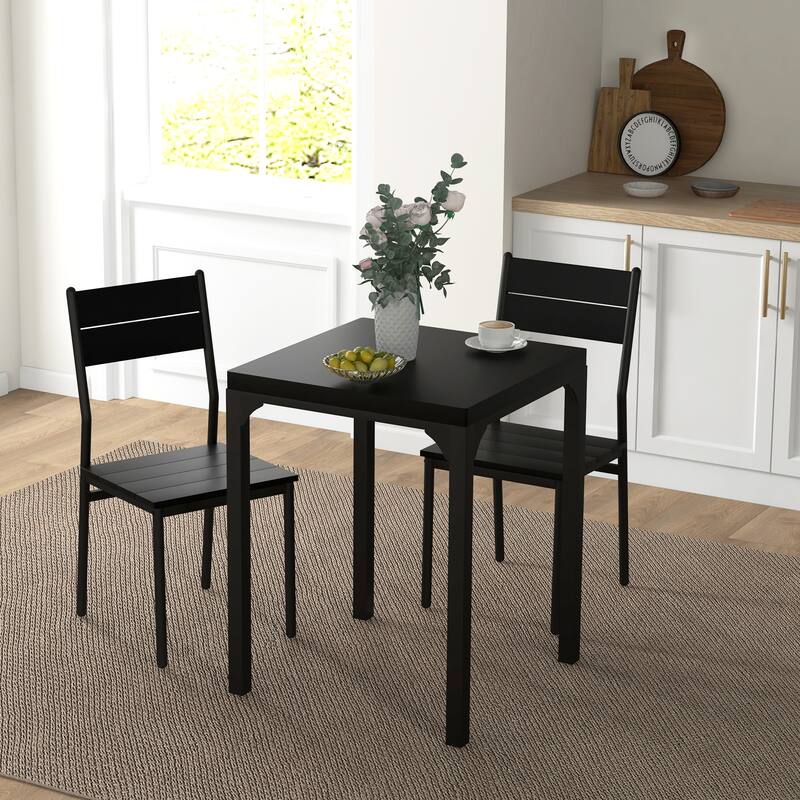 Small Table and Chair Set Casual Coffee Table Restaurant Table and Chair Set 3 Piece with Steel Legs for Breakfast Nook - Black