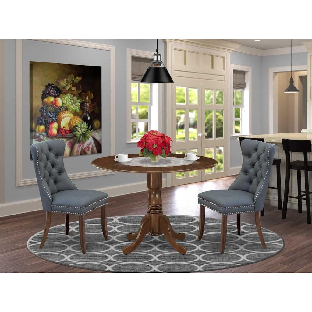 3-Piece Antique Walnut Finish Solid Wood Top-Round Upholstered Dining Room Set -Seats 4