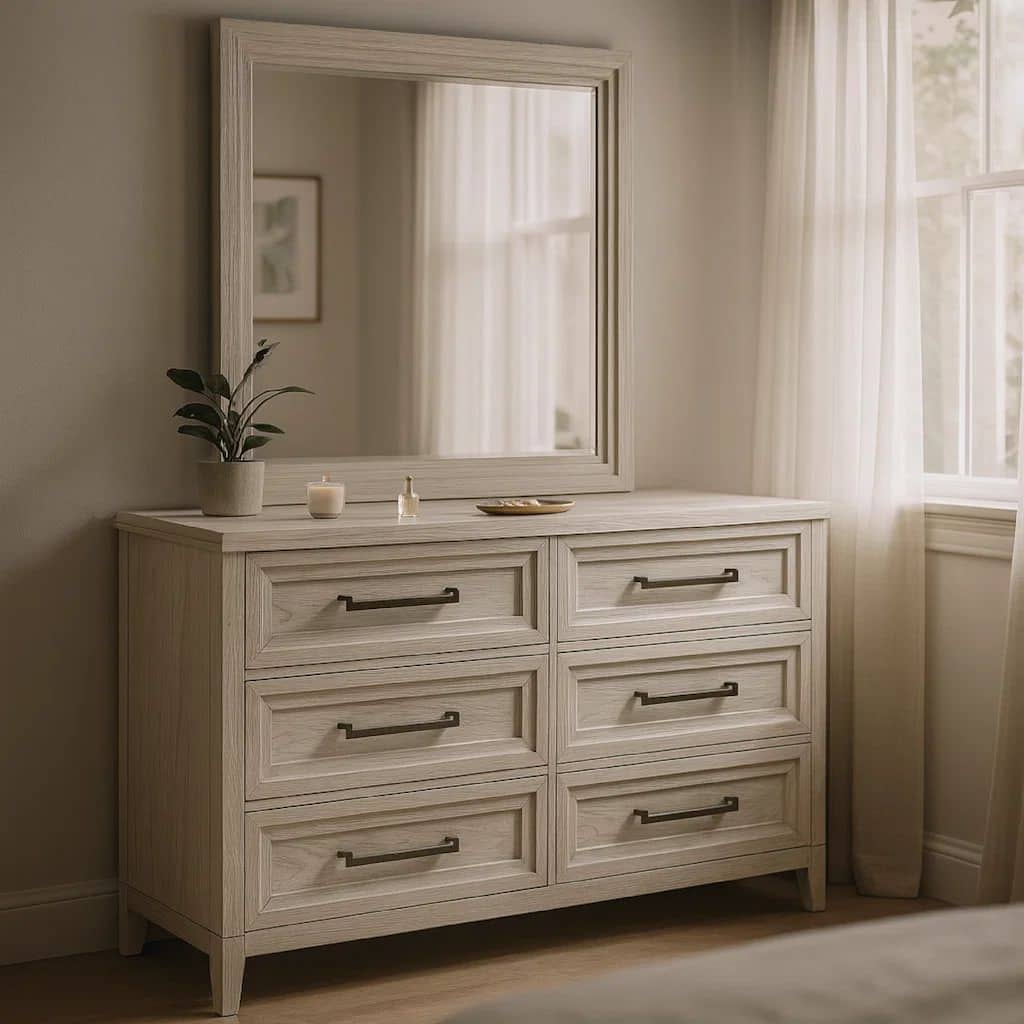 Leva Wide Dresser with Mirror, 6 Drawers, Distressed White Wood Frame