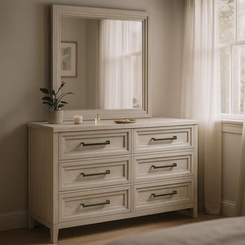 Leva Wide Dresser with Mirror, 6 Drawers, Distressed White Wood Frame
