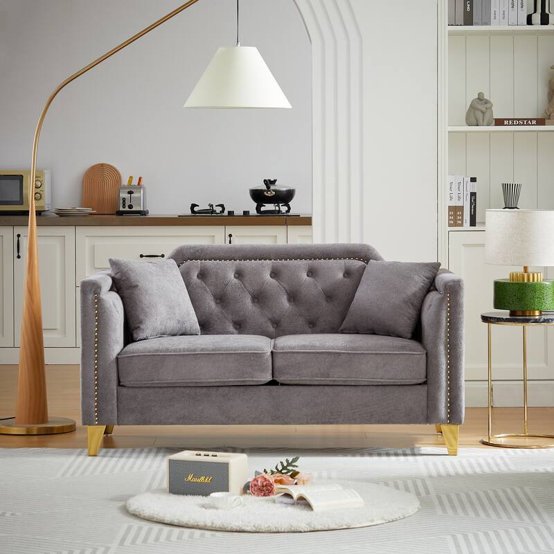 Mid-century Chenille Pull Buckle Sofa, Buttons Tufted With Copper Nail and Metal Leg