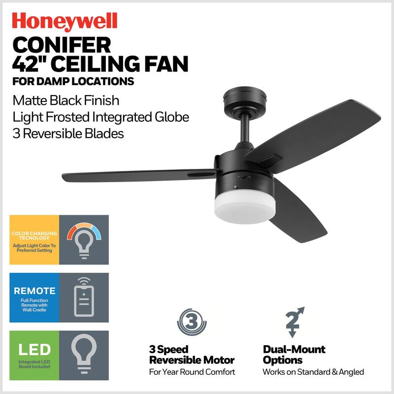 42" Honeywell Conifer Matte Black Outdoor Ceiling Fan with Light, Remote Control - 42 Inches