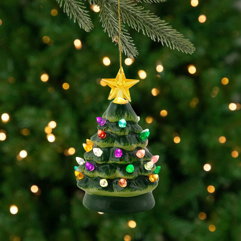 LED Lighted Mini Retro Christmas Tree with Gold Star Ornament - 5.25" - Green