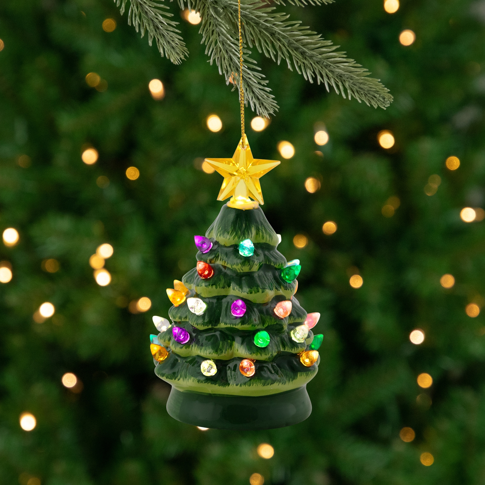 Led Lighted Mini Retro Christmas Tree Gold Star Ornament 5.25" Green