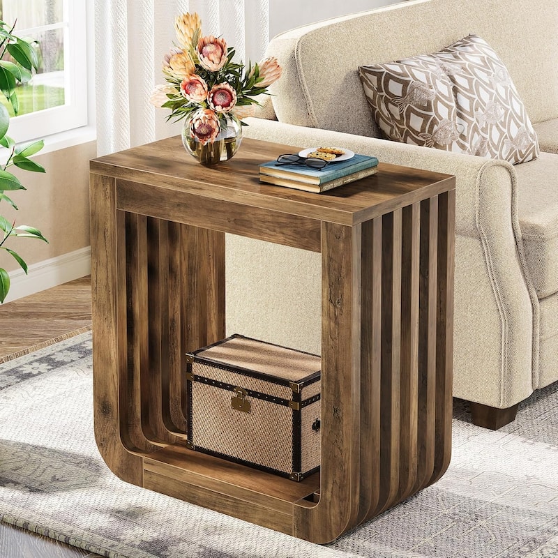Side Table with Slatted Open Frame, Farmhouse Wooden End Table, Rustic Accent Sofa Side Table, Small Nightstand - 1PCS