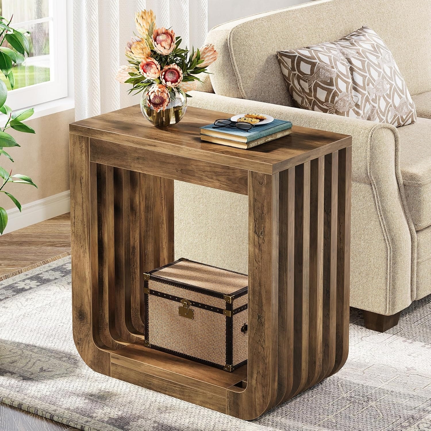 Side Table with Slatted Open Frame, Farmhouse Wooden End Table, Rustic Accent Sofa Side Table, Small Nightstand