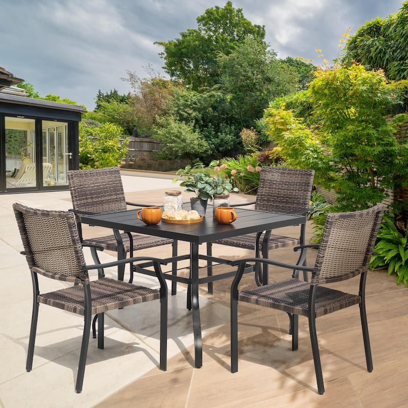 Outdoor Patio Iron Dining Chairs, All-Weather Wicker Material, Black