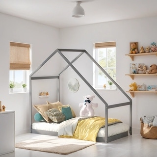 Modern Versatile Design Twin Size House Bed Kids Bed Wooden Kids Furniture, Gray