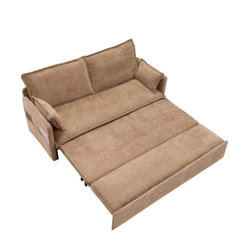 59.5" Ergonomic Sofa Bed with Storage & Charging - Supportive Chenille Convertible Sleeper, 800lb Capacity, Side Pockets
