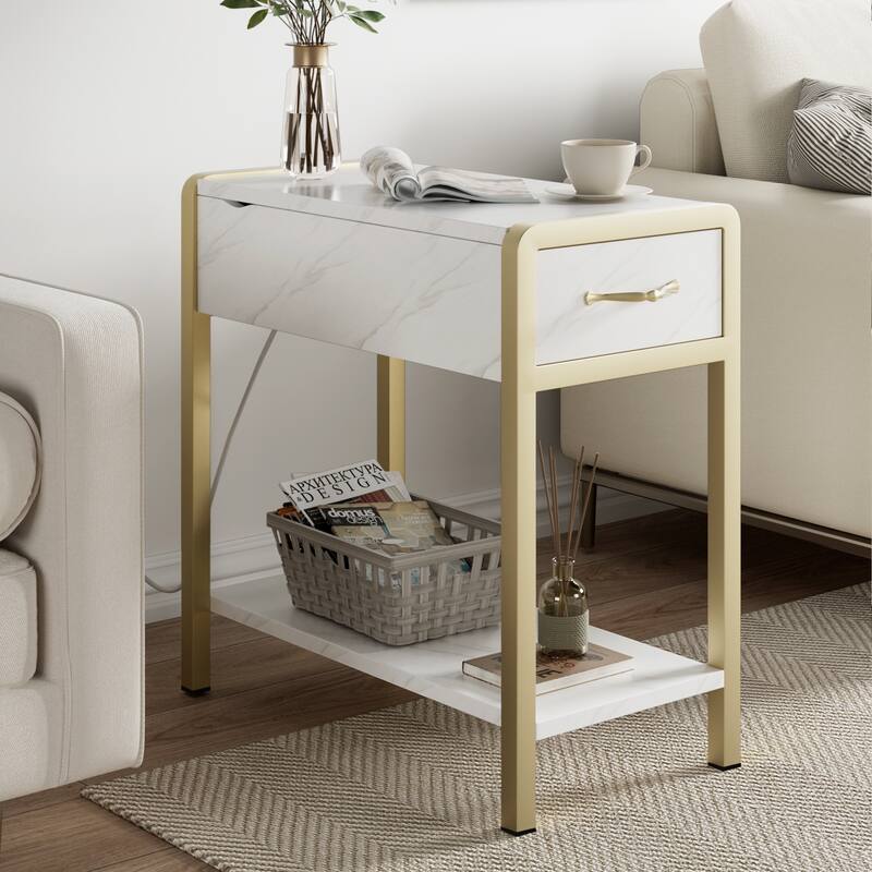 Narrow Side Table with Charging Station Drawer and Storage - 12.5"D x 23.6"W x 24.4"H