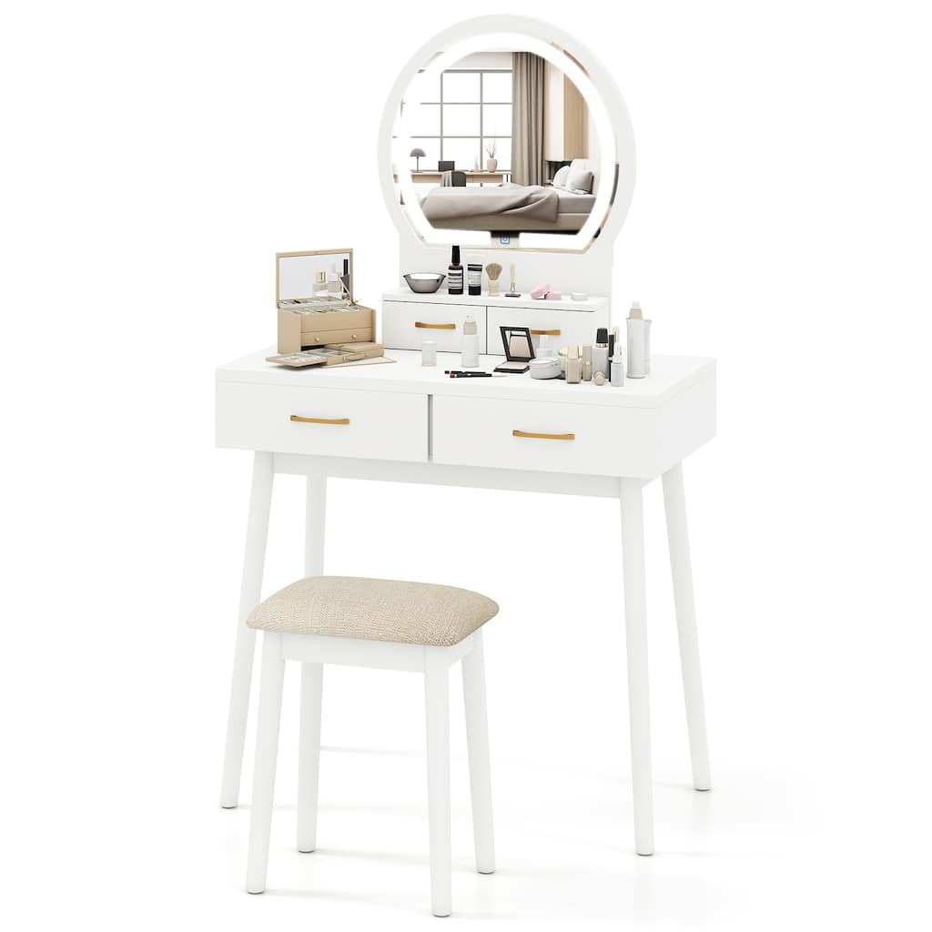 Gymax Small Vanity Desk w/Mirror & Lights Cushioned Stool 3 Adjustable