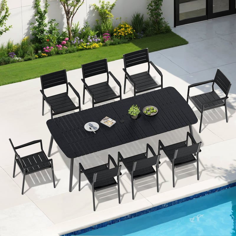 9-Piece Rectangular Patio Outdoor Dining Table Set with Umbrella Hole and Stackable Armchairs - Black