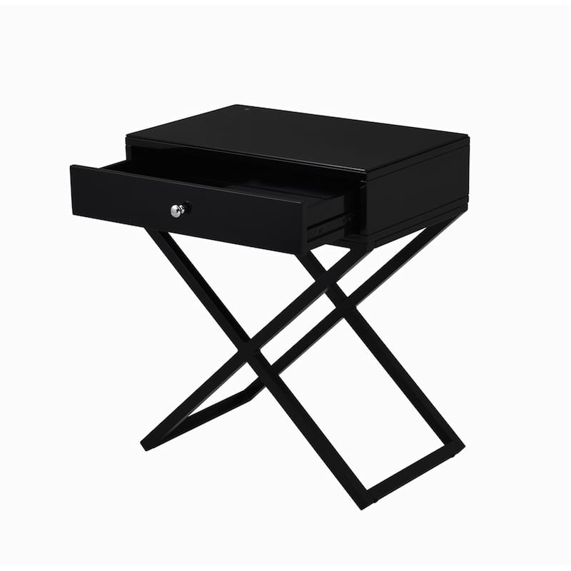 Wooden End Side Table Nightstand with Glass Top, Drawer and Metal Cross Base