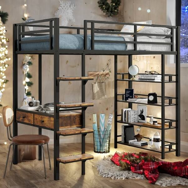 slide 2 of 13, Twin Size Sturdy Metal Loft bed Frame with Desk and Shelves Black