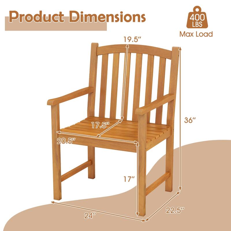 Set of 2 Natural Acacia Wood Patio Armchairs with Slatted Seat, Ergonomic Back and 400lb Capacity - 22.5" x 24" x 36"