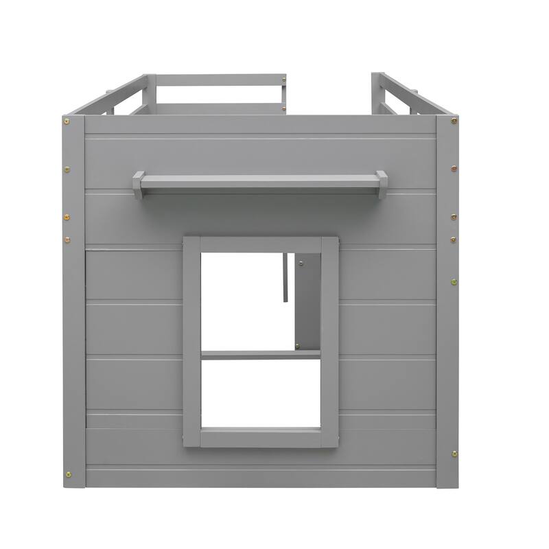 Compact Twin Loft Bed with Storage Cabinet and Shelf in Gray