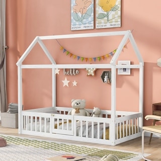 White Twin Pine House Bed with Fence, Door, Solid Construction