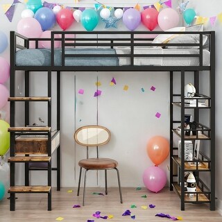 3 in 1 Design Black Metal Twin Size Loft bed with Desk and Shelves