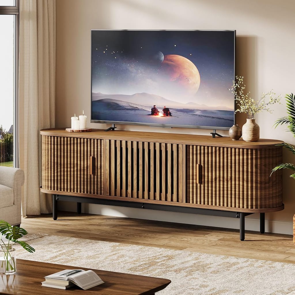 70" TV Stand for TVs up to 80", Fluted Mid-Century Modern Wood TV Console with Metal Legs & Sliding Doors