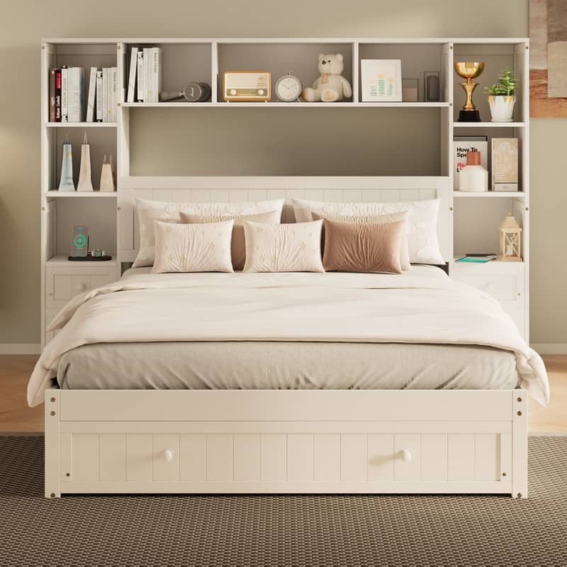 Pine Wood Platform Bed with All-In-One 2 Nightstand, Storage Shelf and Cabinet Bookcase with 2 Charging Stations