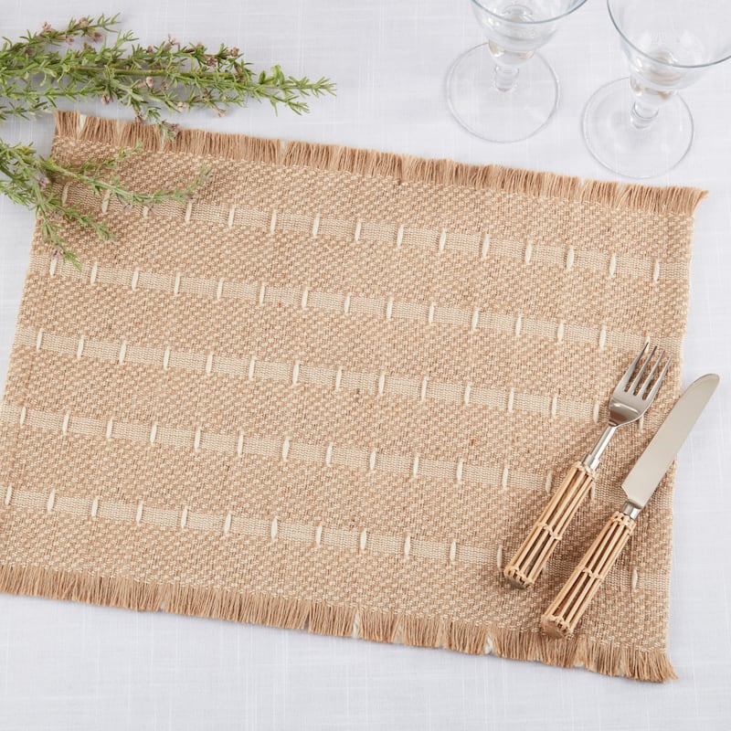 Textured Jute & Wool Placemats (Set of 4) - Fringed Woven Stripe Design for Dining, Entertaining & Table Settings, 13"x19