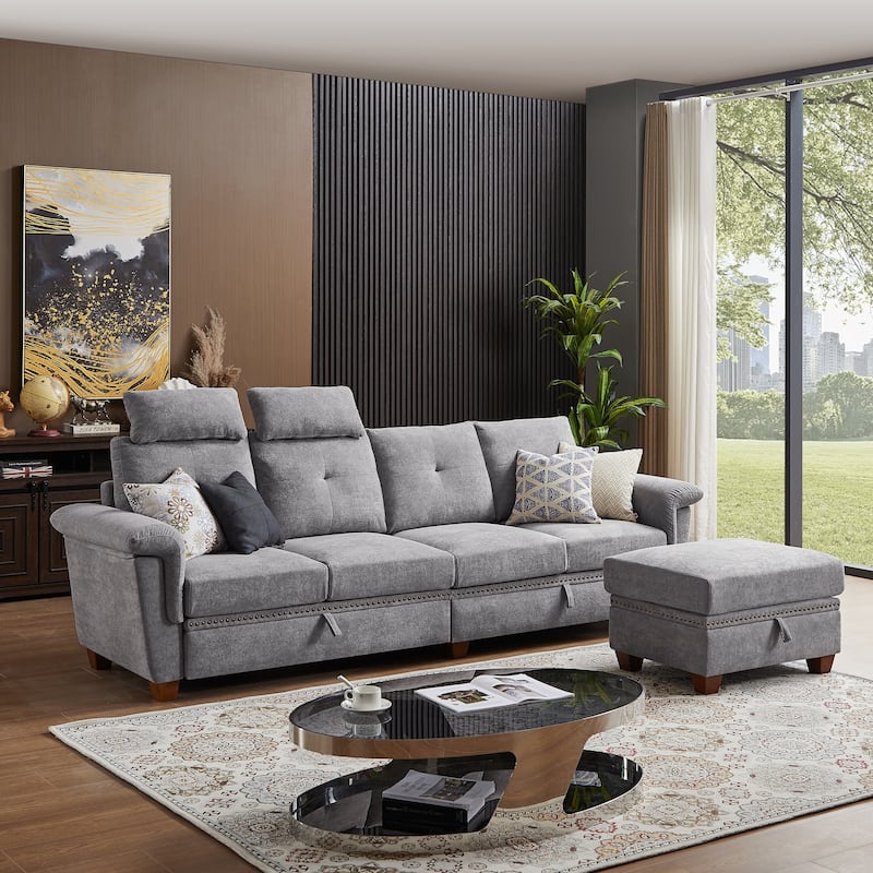 109" Modern 4 Seaters Towelling Sectional Sofa with Hidden Coffee Table Adjustable Headrest and Large Storage Space
