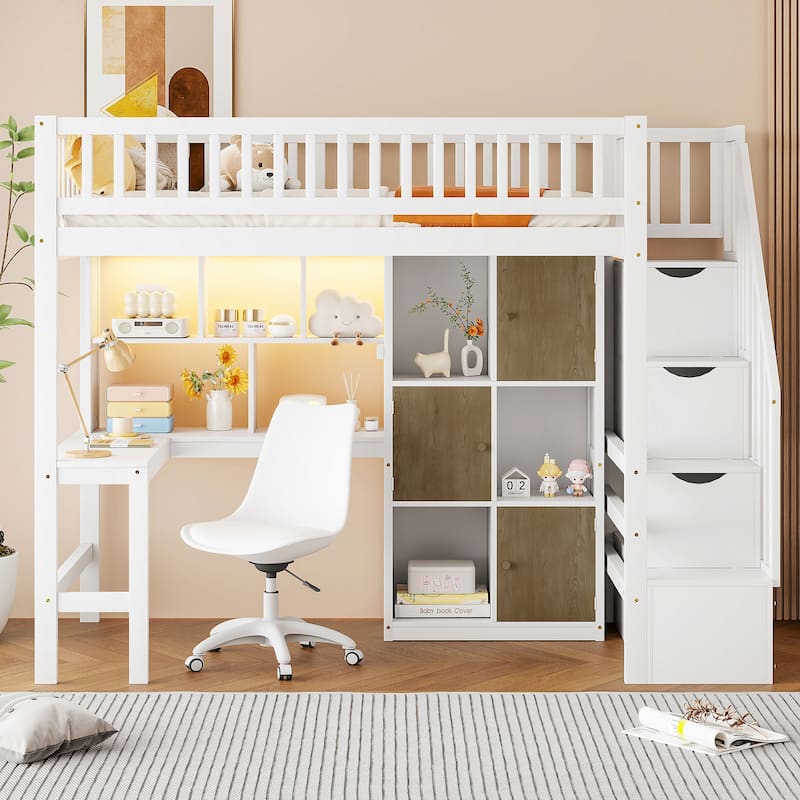 Twin Loft Bed in Walnut with Integrated L-Shaped Desk, LED Lighting, Multi-Tier Storage Shelves, Cabinets, and Staircase