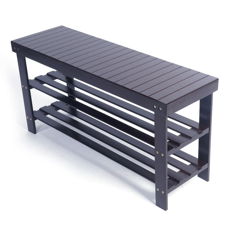 Strip Pattern 3 Tiers Bamboo Stool Shoe Rack Coffee