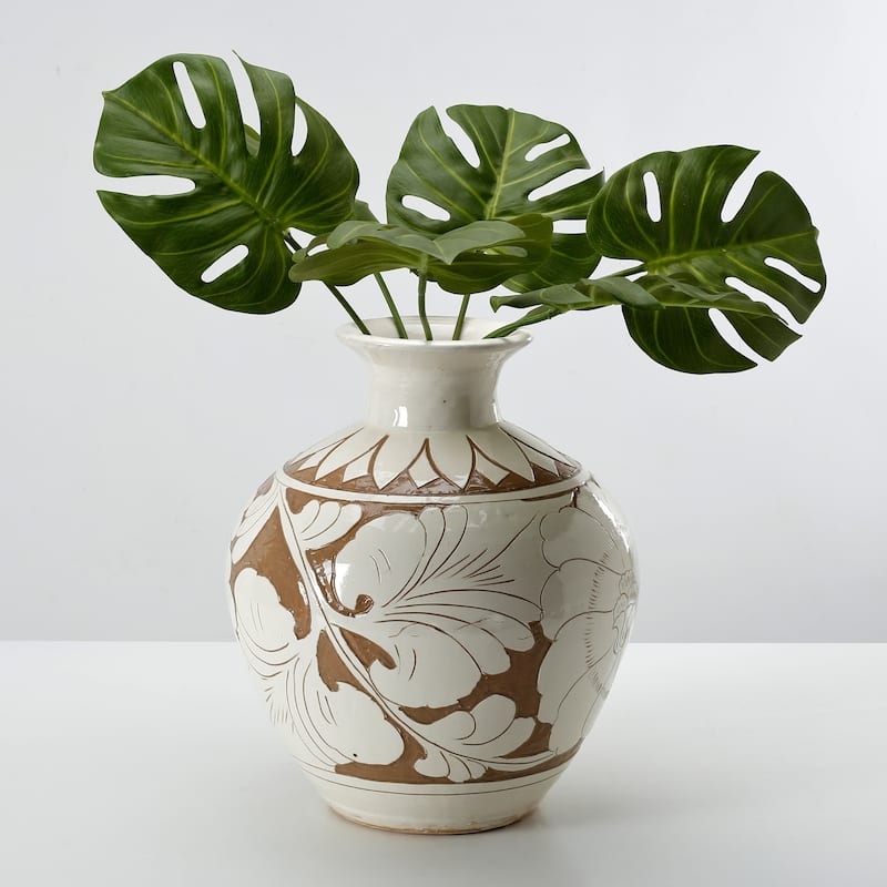 Artissance 12.6" Tall Amalfi Double Glazed Vase Small Opening With Flower Motif - 10.6" L x 10.6" W x 12.6" H - 10.6" L x 10.6" W x 12.6" H - White