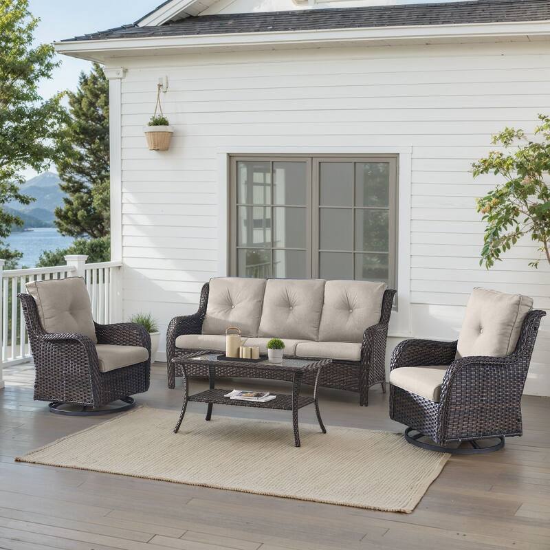 Outdoor Swivel Chairs with Sofa Table Brown-Beige - Brown - Brown - Beige