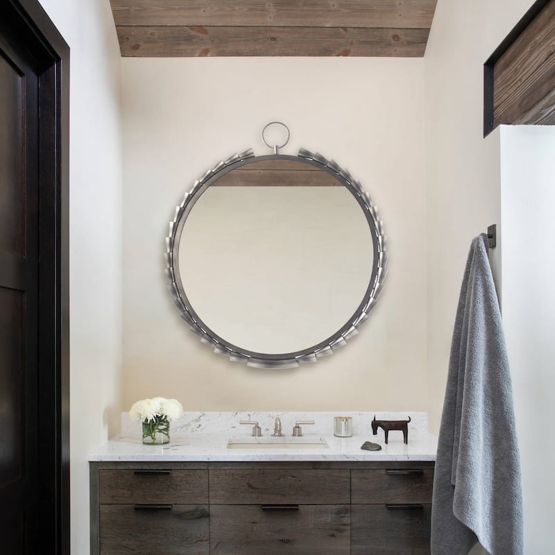 37" Industrial Chrome Framed Round Decorative Wall Bathroom Vanity Mirror