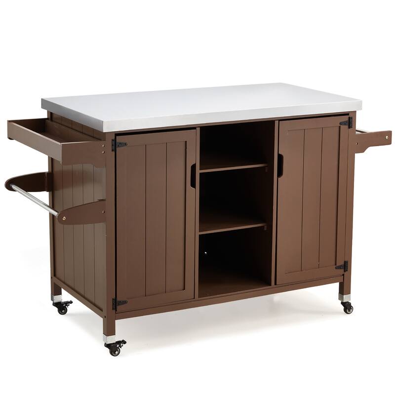 EROMMY Outdoor Kitchen Island on Wheels, Solid Cedar Wood Grill Cart with 201 Stainless Steel Top & 3‑Tier Storage - Wood Color