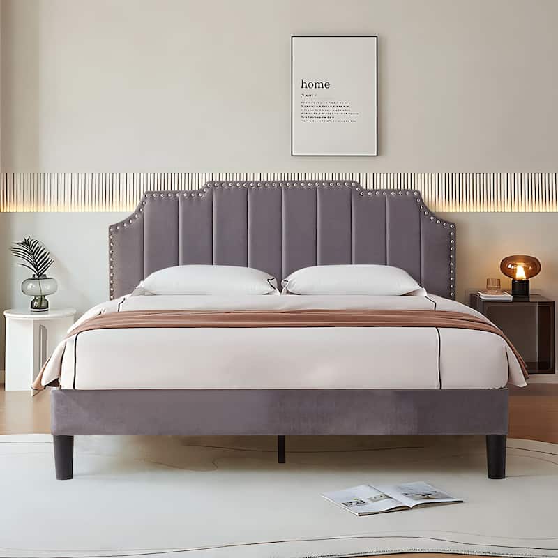 Javlergo Upholstered Platform Bed Frame with Nailhead Trimmed Adjustable Height Headboard, No Box Spring Needed