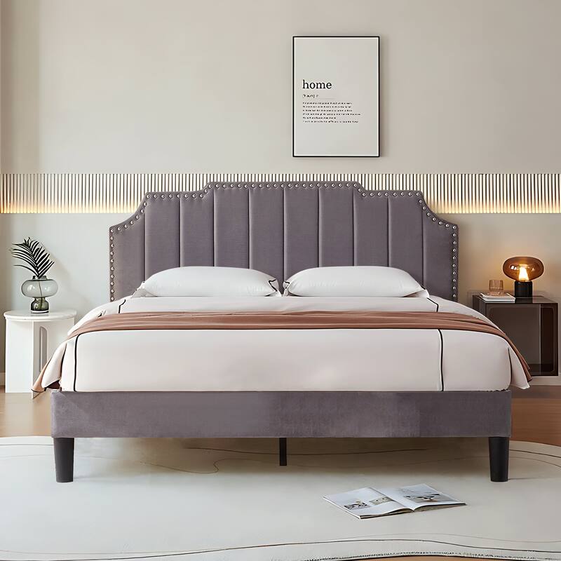 VECELO Upholstered Bed Frame with Nailhead Trim Adjustable Height Headboard, Twin/Full/Queen Size Bedframes - Grey - Queen