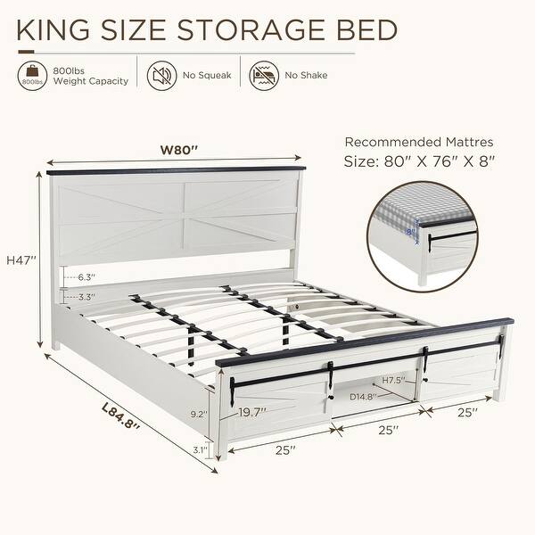 Farmhouse King Size Wood Bed Frame with Sliding Barn Door Storage - Bed ...